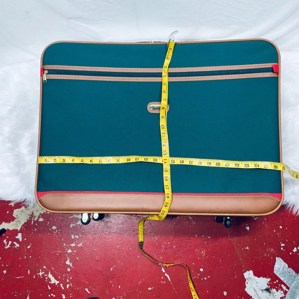 Jaguar Rolling Suitcase Green Canvas Faux Leather Large Vintage Bag